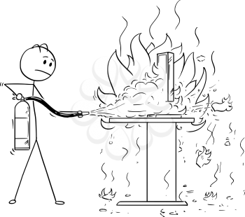 Cartoon stick man drawing conceptual illustration of businessman fighting the fire on office desk and computer using extinguisher.