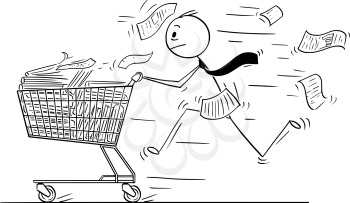 Cartoon stick man drawing conceptual illustration of businessman running and pushing shopping cart full of office paper fails or documents. Business concept of bureaucracy and overwork.