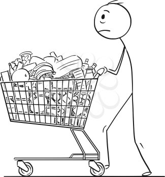 Cartoon stick man drawing conceptual illustration of tired businessman pushing shopping cart full of goods. Concept of stress and time pressure.