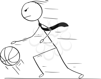 Cartoon stick man drawing conceptual illustration of businessman playing basketball, dribble a ball and going to score. Business concept of success and challenge.