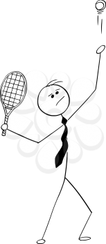 Cartoon stick man drawing conceptual illustration of businessman playing tennis and trying to serve a ball. Business concept of competition and success.
