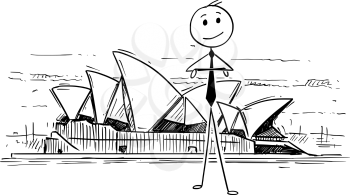 Cartoon stick man drawing conceptual illustration of businessman standing in front of Opera House in Sydney, New South Wales. Concept of doing business in Australia.