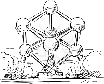Cartoon sketch drawing illustration of Atomium in Brussels, Belgium.