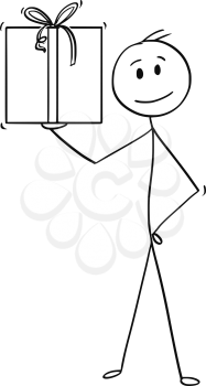 Cartoon stick man drawing conceptual illustration of businessman standing with gift box or present in wrap with ribbon in his hand.