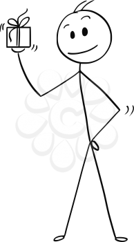 Cartoon stick man drawing conceptual illustration of businessman standing with small gift box or present in wrap with ribbon in his hand.