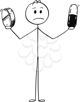 Cartoon stick man drawing conceptual illustration of sad, ill, depressed or confused businessman holding two pills. Business concept of healthcare and drug overuse.