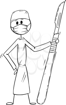 Cartoon stick man drawing conceptual illustration of doctor surgeon holding big scalpel. Concept of surgery and healthcare.
