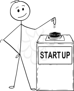 Cartoon stick man drawing conceptual illustration of businessman ready to hit or press the startup or start-up button. Business concept of decision and change.