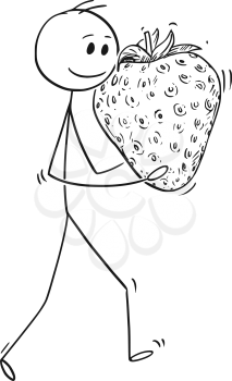 Cartoon stick man drawing conceptual illustration of man carrying big ripe strawberry fruit. Concept of healthy lifestyle and agriculture.