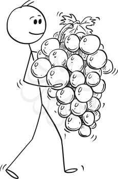 Cartoon stick man drawing conceptual illustration of man carrying big ripe bunch of grapes fruit. Concept of healthy lifestyle and agriculture.
