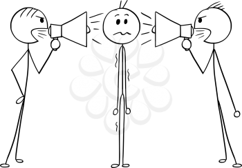 Cartoon stick man drawing conceptual illustration of man or businessman standing stressed and unsure between two men or businessmen shouting their truths using bullhorns or megaphones. Concept of truth, propaganda and manipulation.