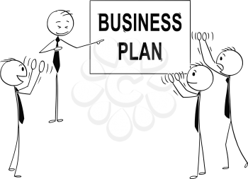 Cartoon stick man drawing conceptual illustration of group of business people applauding to speaker pointing at business plan sign. Business concept of planning and teamwork.