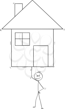 Cartoon stick man drawing conceptual illustration of businessman balancing family house on one finger. Business concept of easy property leasing, mortgage or real estate investment.