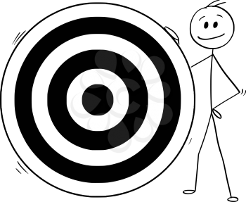 Cartoon stick man drawing conceptual illustration of businessman holding big dartboard target. Business concept of goal, achievement and success.