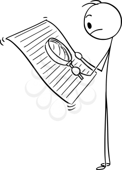 Cartoon stick man drawing conceptual illustration of upset businessman reading document with magnifying glass to find small text or hidden conditions.