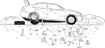 Cartoon stick man drawing conceptual illustration of man repairing broken car and founding beauty of nature in road ditch. Concept of environmental conservation and return to nature.