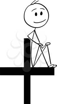 Cartoon stick man drawing conceptual illustration of businessman holding or sitting on big plus sign. Part of set.