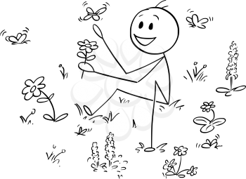 Cartoon stick man drawing conceptual illustration of man sitting in meadow between wild flowers and butterflies and enjoying beauty of nature.