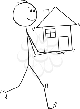 Cartoon stick man drawing conceptual illustration of businessman holding small house in hands. Business concept of mortgage and real estate investment.