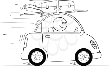Cartoon stick man drawing conceptual illustration of smiling man in small car going on holiday or vacation.