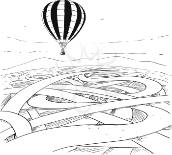 Cartoon drawing conceptual illustration of hot air balloon flying over maze or chaos of roads. Business concept of easy way and creative solution.
