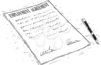 Vector artistic ink drawing illustration of pen and employment agreement document to sign.