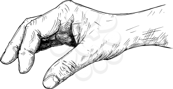 Vector artistic pen and ink drawing illustration of hand holding something small between pinch fingers.