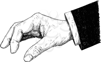 Vector artistic pen and ink drawing illustration of businessman hand in suit holding something small between pinch fingers.