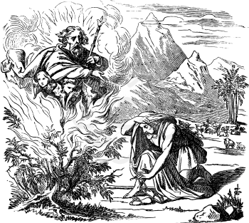 Vintage antique illustration and line drawing or engraving of biblical story of Moses and the burning bush.From Biblische Geschichte des alten und neuen Testaments, Germany 1859.Exodus 3. Man looking on bush in flames, God appears above him.