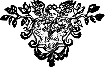 Antique vector drawing or engraving of classic vintage floral decorative design of angel holding ornate sign with symbol of heart and arrows. From Romische Historie, printed in Breslau 1762.