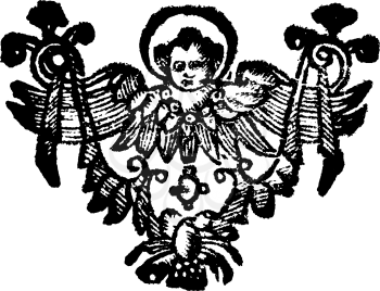 Antique vector drawing or engraving of classic grunge vintage floral decorative design of Christian angel.From book Die Betrubte Und noch ihrem Beliebten Geussende Turteltaube, printed in Prague, Austrian Empire, 1716.