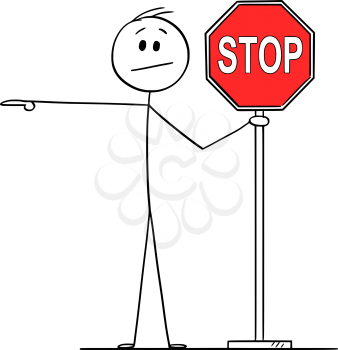 Vector cartoon stick figure drawing conceptual illustration of man or businessman holding red stop sign and pointing or showing direction.
