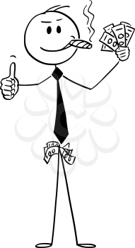 Vector cartoon stick figure drawing conceptual illustration of confident man or businessman smoking big cigar in mouth, with cash money in hand and pockets,smiling and showing thumbs-up.