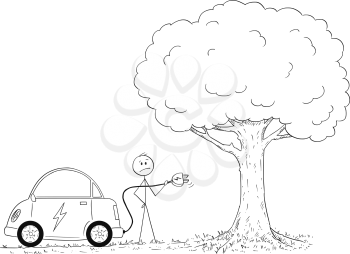 Cartoon stick drawing conceptual illustration of man who wants to charge his electric car in nature, but there is no charging station.