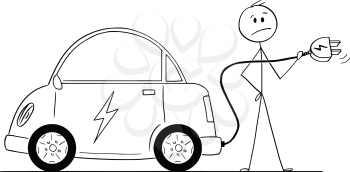 Cartoon stick drawing conceptual illustration of man holding cable and who wants to charge his electric car.