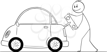 Cartoon stick drawing conceptual illustration of smiling man winding up or charging electric car by toy key, happy to save the nature and environment.