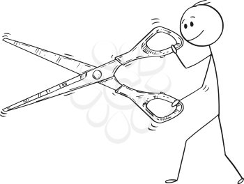 Cartoon stick drawing conceptual illustration of man or businessman cutting with big scissors.