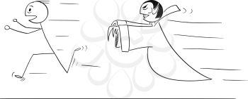 Cartoon stick drawing conceptual illustration of scared man running away from vampire.