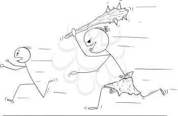 Cartoon stick drawing conceptual illustration of scared man running away from caveman or giant with big bludgeon or club.