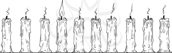 Cartoon drawing conceptual illustration of one lit candle in row of burnt-out candles. Business concept of individuality and teamwork.