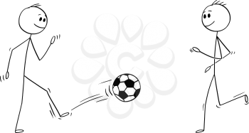 Cartoon stick man drawing conceptual illustration of two football or soccer players kicking, playing or training with the ball.