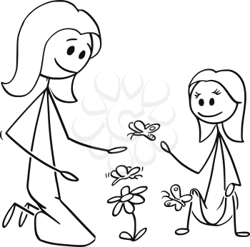 Cartoon stick man drawing conceptual illustration of mother and daughter watching flowers and butterflies or nature together. Concept of parenting.