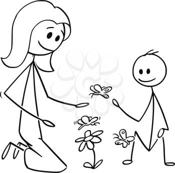 Cartoon stick man drawing conceptual illustration of mother and son watching flowers and butterflies or nature together. Concept of parenting.
