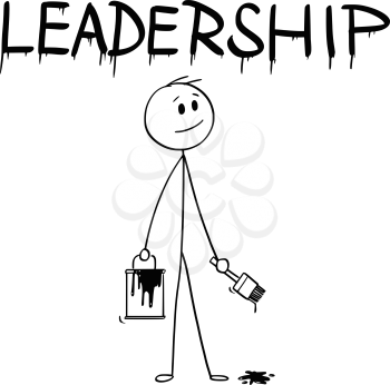 Cartoon stick man drawing conceptual illustration of businessman with brush and paint can painting or drawing the word leadership.