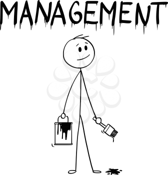 Cartoon stick man drawing conceptual illustration of businessman with brush and paint can painting or drawing the word management.