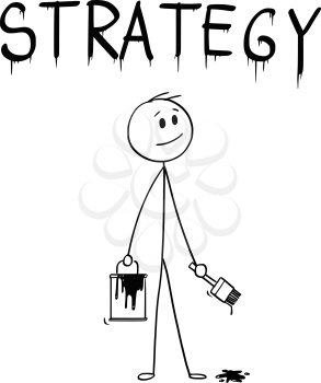 Cartoon stick man drawing conceptual illustration of businessman with brush and paint can painting or drawing the word strategy.