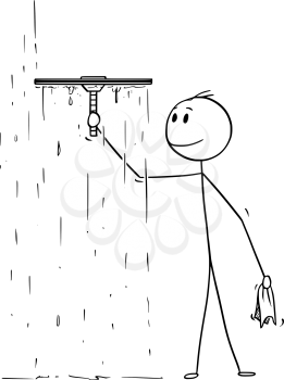 Cartoon stick drawing conceptual illustration of man cleaning window with squeegee or cleaner.