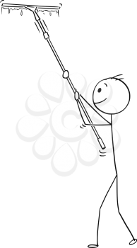Cartoon stick drawing conceptual illustration of man cleaning window with long squeegee or cleaner.