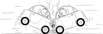 Cartoon stick drawing conceptual illustration of two cars frontal head-on crash accident.