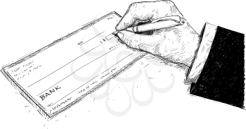Vector artistic pen and ink drawing illustration of hand of businessman filling check or cheque.